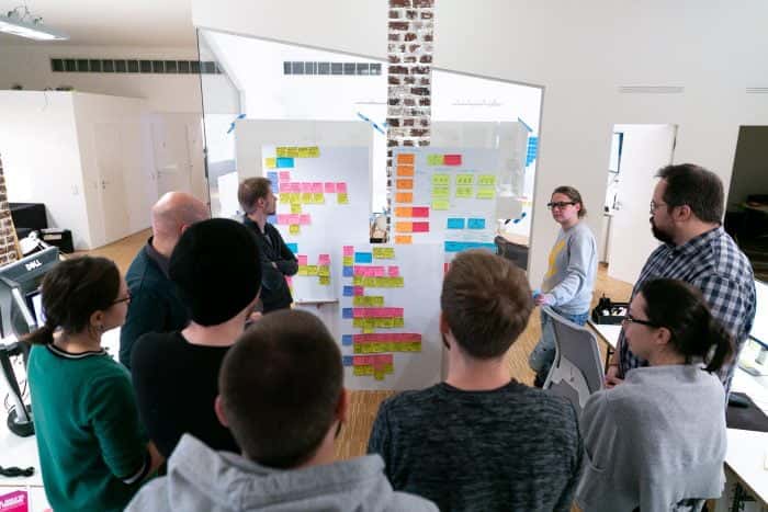 Mitarbeiter von Me & Company besprechen anhand von Whiteboards ihr New Work System